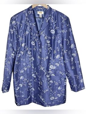 Talbots 100% Pure Silk Embroidered Coat Size 16 Blue Floral Wedding Church